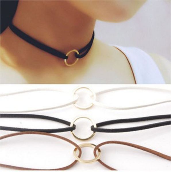 

women jewelry gray velvet suede double layer choker necklace gold color circle pendant 33cm long, Golden;silver