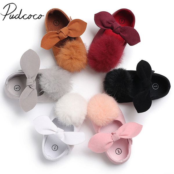 

2018 brand new lovely princess toddler baby girls boys shoes cribs shoes solid bow with fur balls bowknot first walkers 0-18m