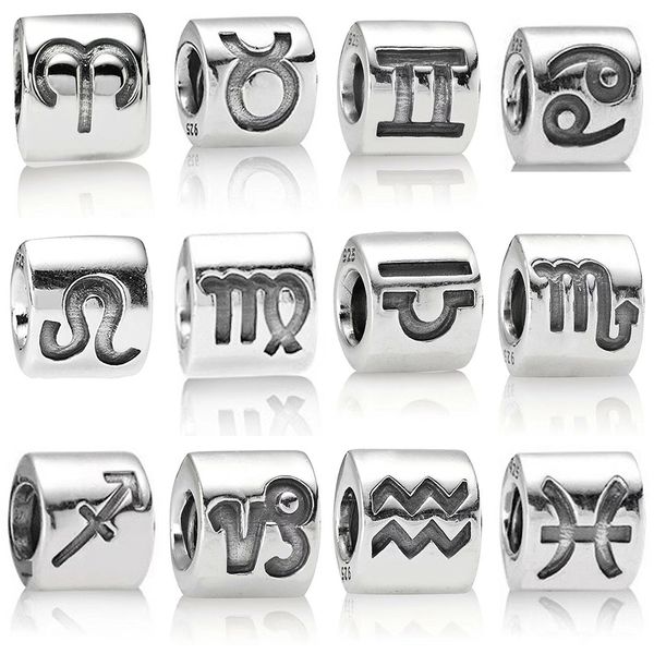 

2019 new 100% 925 sterling silver 12 constellations alphabet charm beaded fit diy bracelet bangle necklace women jewelry gift, Black