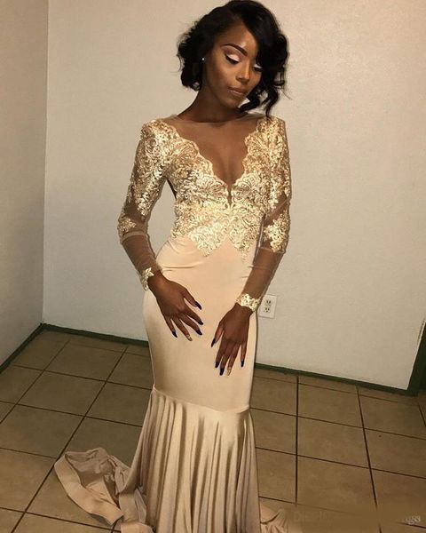 

african lace appliqued south african gold prom dress mermaid long sleeve banquet evening party gown custom made plus size, Black