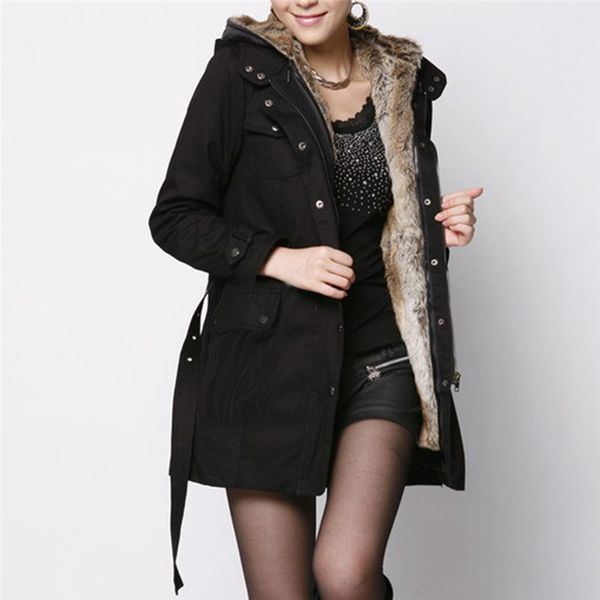 

2019 women hooded cotton blend classic croissant leather button-down padded jacket winter warm coat long basic parkas, Black;brown