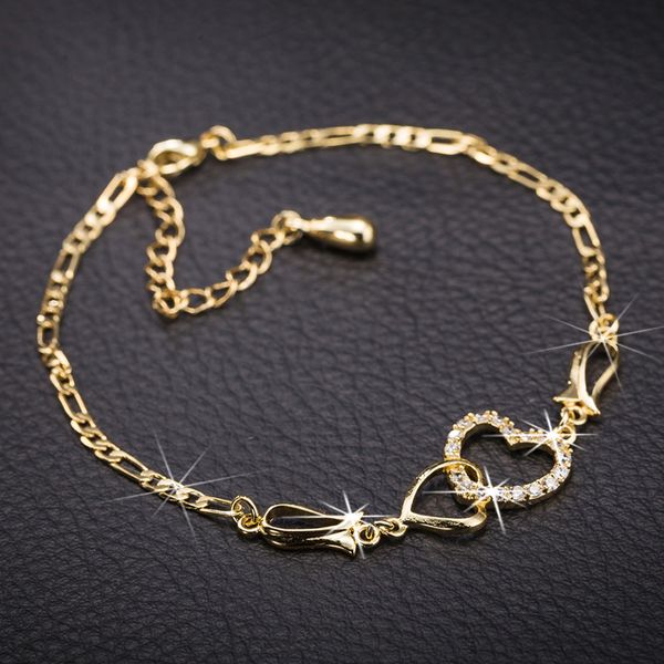 

lingmei wholesale fashion sweet heart cut white zircon yellow/rose/white goldplated chain bracelets wedding jewelry for women, Black