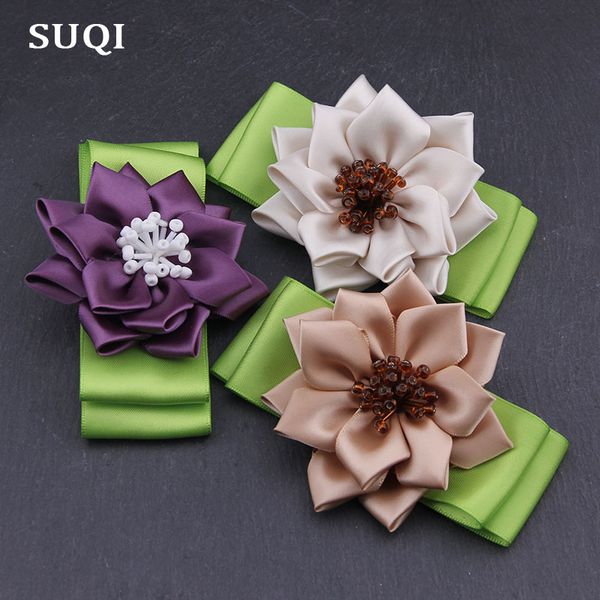 

suqi fashion glass beads ribbon hand-folded rose women's brooches pin jewelry sun flowers bow brooch pins clothes decoration, Gray