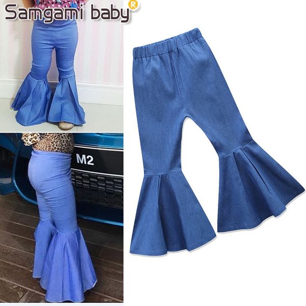 

retail girls ruffle flare skinny jeans sweatpants trousers denim leggings tights kids designer sweat pants children boutique clothing, Blue