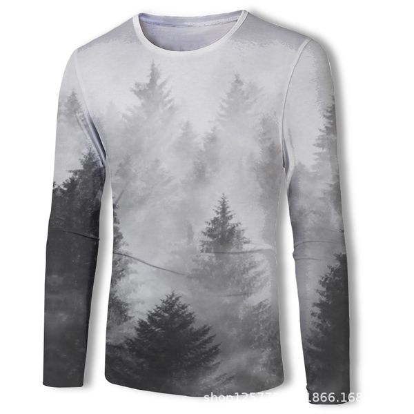 

mens designer long sleeve t-shirt digital printing snow forest 3d printing, White;black