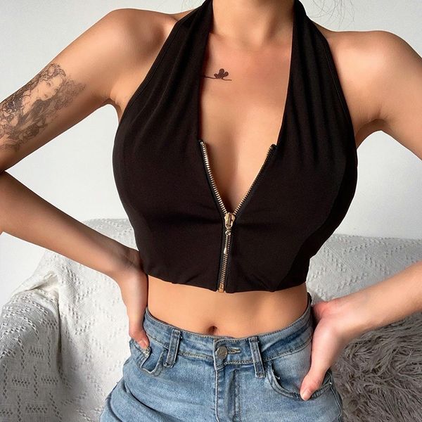 

criss cross halter summer tank fashion zipper women vest hollow out crop sleeveless black white femme vestido