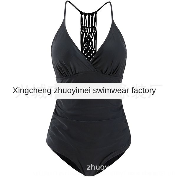 

2019 nylon high elasticity solid color one-piece braided rope bikini swimsuit back braided rope unbacked swimsuit bikini, White;black
