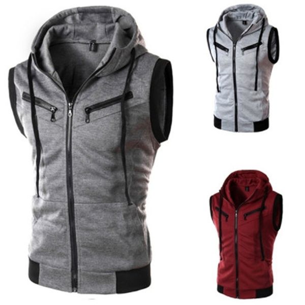

men hooded waistcoat 2019 fashion brand male sleeveless jacket zipper pocket gilet casual men vest plus size xxxl red, Black;white