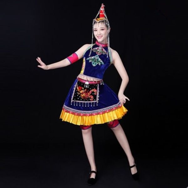 

blue chinese style minority dance for women folk dance clothing festival stage performance clothes nationality costumes, Black;red