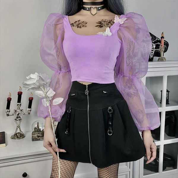 

22103p embroidery base stitching mesh long sleeve t-shirt t-shirt butterfly butterfly female women's dress, White