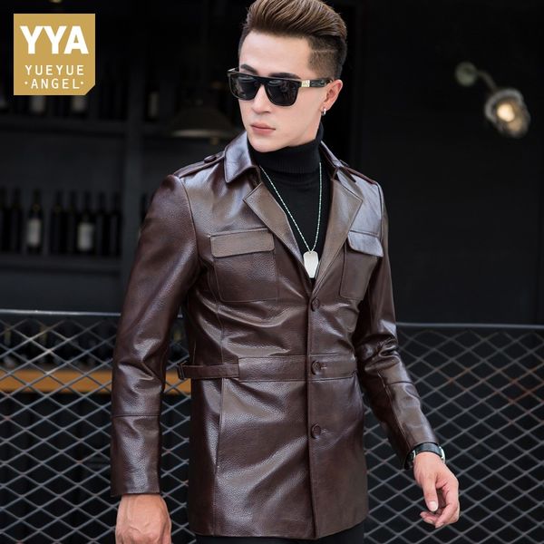 

2019 new winter mens cow leather mid long jacket slim fit business man single breasted genuine leather jacket suit wind coat 4xl, Black