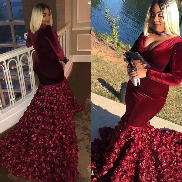 

Bunrgundy Velvet Plus Size Prom Dresses 3D Rose Floral Mermaid Plunging V Neck Long Sleeves robes de soirée Formal Evening Dresses