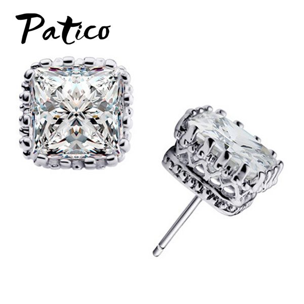 

patico new arrival 925 sterling silver stud earrings with 6mm square cubic zirconia ear brincos for women's gift, Golden;silver
