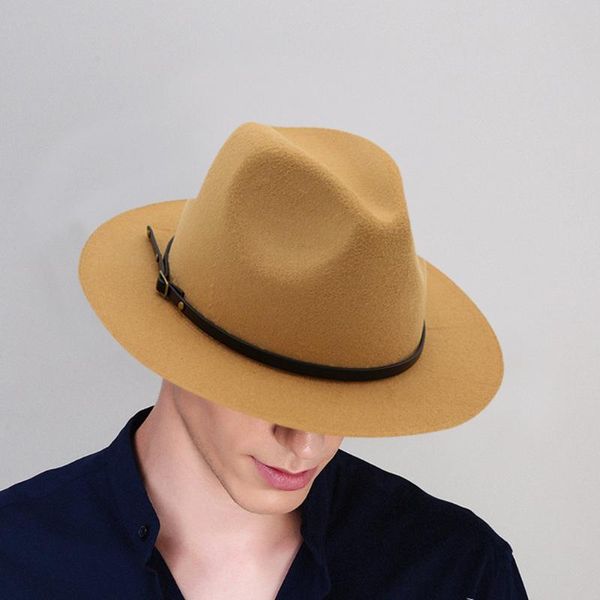 

men & women vintage wide hat men european jazz solid color wide brim hat with formal belt buckle for party men's #g3, Blue;gray