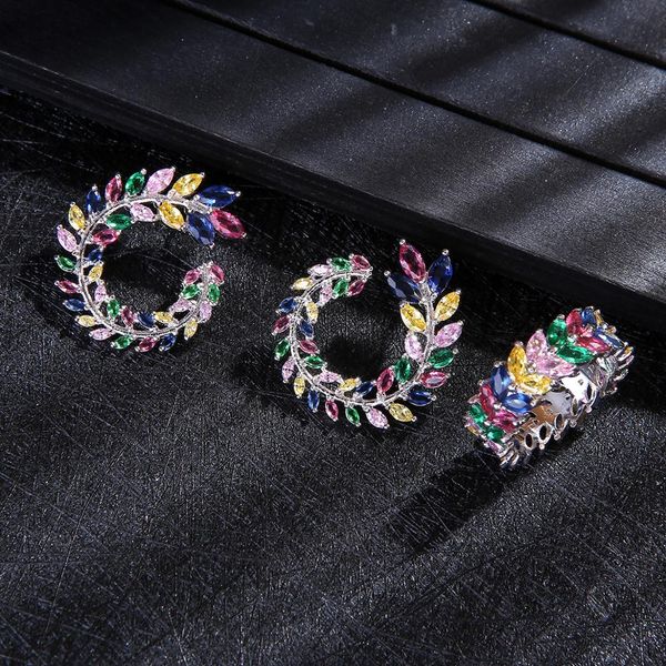 

trendy women's olive branch design long full finger luxury cubic zircon wedding engagement party wrap ring jewelry set e9132, Silver