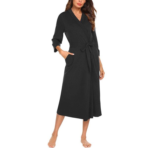 

women's solid cotton blends 4/3 sleeve v-neck lightweight with belt pocket long robe bathrobe sleepwear roupão de cor sólida #e, Black;red