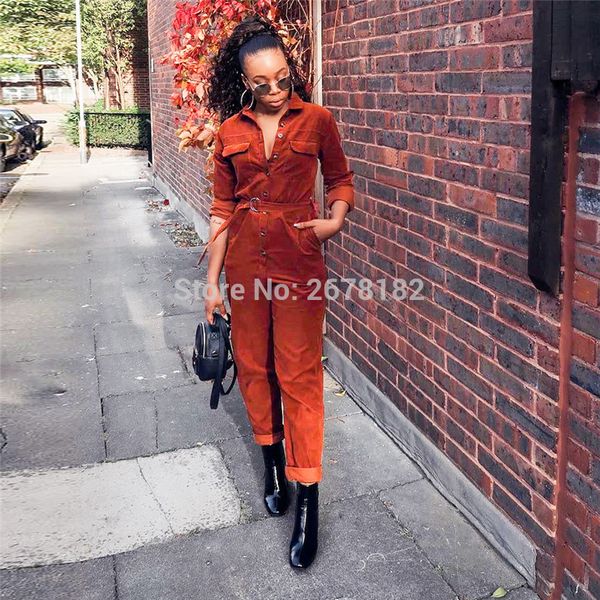 

solid women casual corduroy jumpsuit buttons up turn down collar long sleeve pockets slim romper fashion streetwear, Black;white