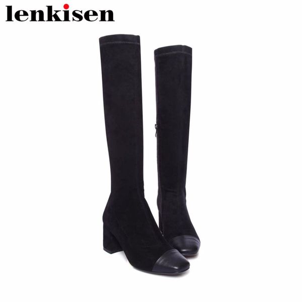

lenkisen popular mixed colors zip sqaure toe thick high heels cow leather women winter autumn stretch knee-high boots l9c, Black