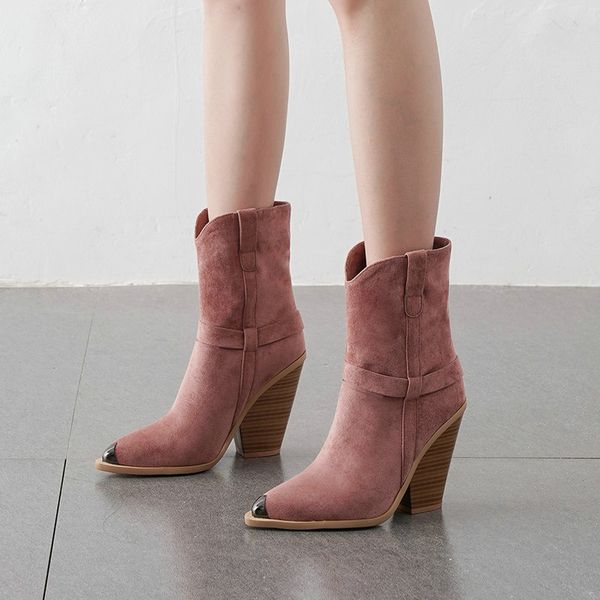 

fashion ankle boots women boots suede pu wedges high heel western pointed toe autumn winter female shoes black white