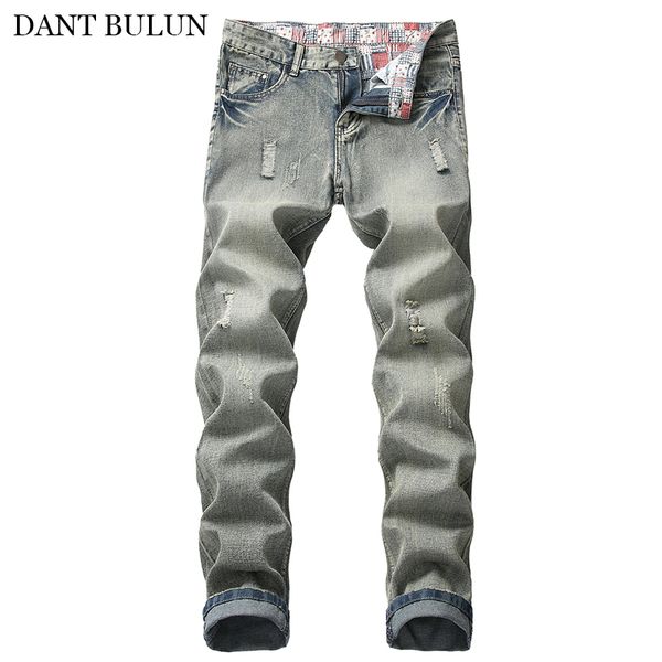 

straight ripped jeans for men vintage washed denim slim pants streetwear stretchy cotton jeans hombre men brand designer pants, Blue