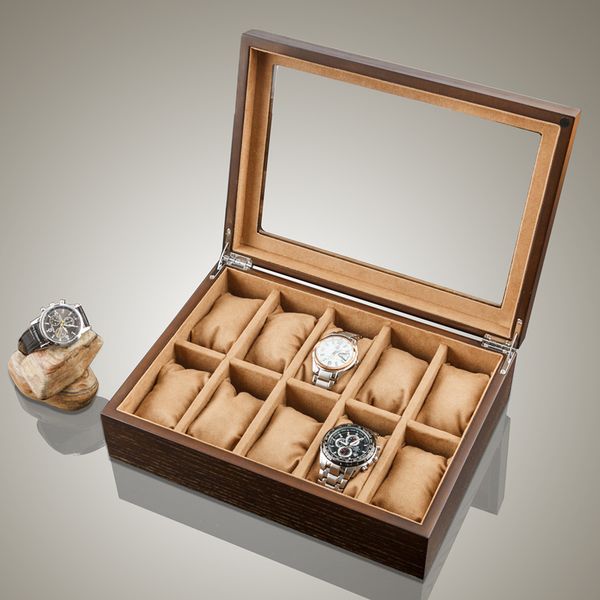 

10 slots wooden watch organizer luxury watches holder case wood jewelry storage gift case wooden watch display box with lock, Black;blue