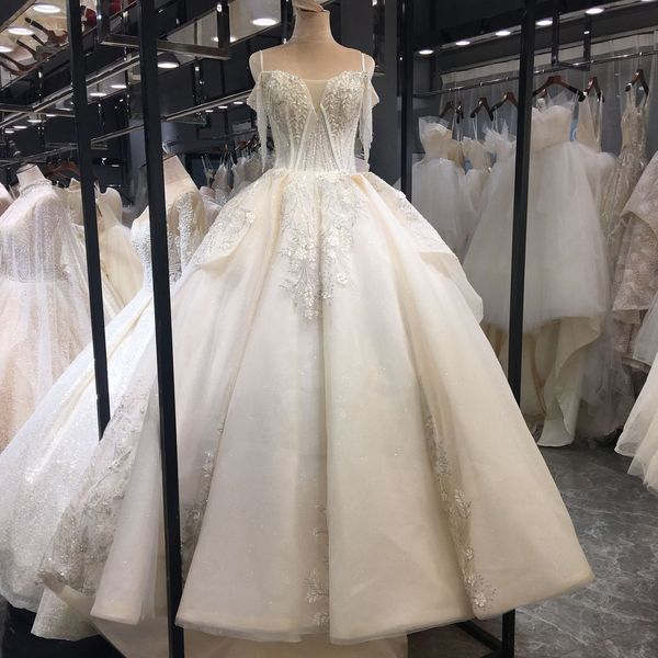 

super luxury ball gown wedding dresses crystals tassel down champagne princess wedding gowns sequined lace 3d flowers bridal dresses, White