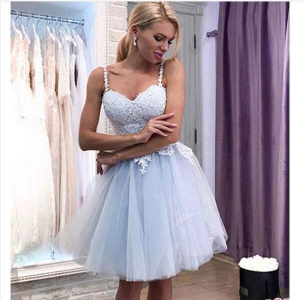 

spaghetti straps gray blue lace a line homecoming dresses tulle applique knee length short prom party cocktail dresses, Red