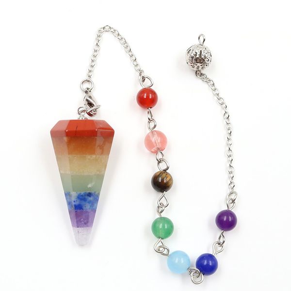 

wholesale 5 pcs silver plated hexagon pyramid layer colorful rainbow stone pendant with round beads chain healing chakra jewelry