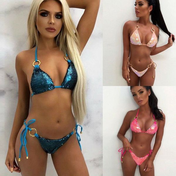 

women summer sequins glitter triangle lace up halter low waist bikini sets beachwear bathing holiday two piece suits
