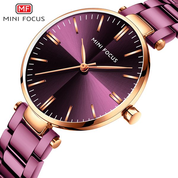 

minifoucs women watches simple ladies steel watch ladys purple quartz waterproof watches female fashion clock girl, Slivery;brown