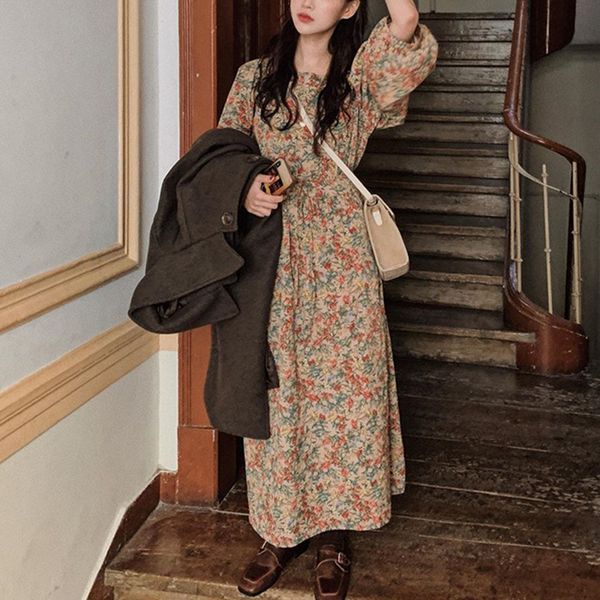 

vintage square collar puff sleeve female dress spring chic floral print lace-up women long dress 2020 elegant vestidos v550, Black;gray