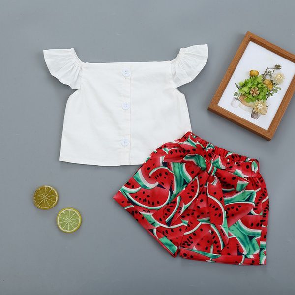 

2pcs summer shorts set baby girls casual solid color flare sleeve t-shirt +watermelon print shorts costume set, White