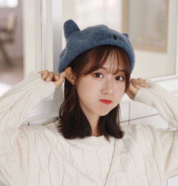 

solid color beret knitting cartoon cat ear winter beret korean japan style artist, Blue;gray