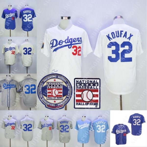 

32 Sandy Koufax Jersey Hall of Fame Patch Los Angeles 1955 Dodgers Baseball Jerseys Cream White Grey Blue