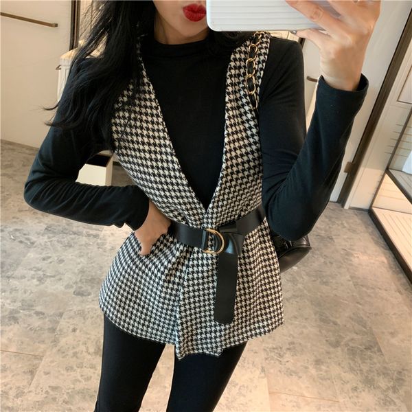 

2019 chic sweater vest women spring autumn houndstooth vest for women streetwear sleeveless jecket gilet femme, Black;white