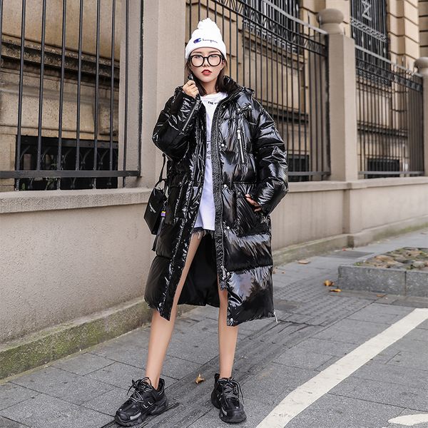 

winter black glossy cotton jacket women plus size loose long hooded down cotton padded jacket female thick warm parka mujer coat