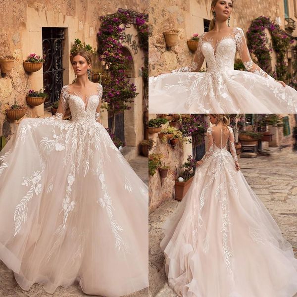 

vintage beach bohemian lace wedding dresses long sleeves tulle applique sweep train plus size wedding dress bridal gowns estidos de novia, White