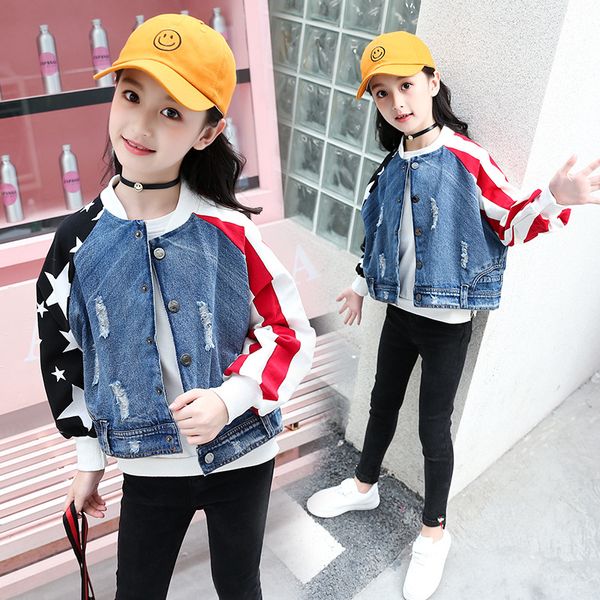 

children's spring autumn jacket for girls modis cartoon hole denim jacket kids trend cowboy outerwear clothes, Blue;gray