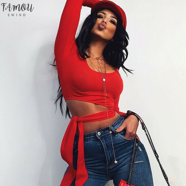 

2020 new spring clothing women casual slim fit t shirt ladies plain long sleeve bandage crop tee clothes s l, White