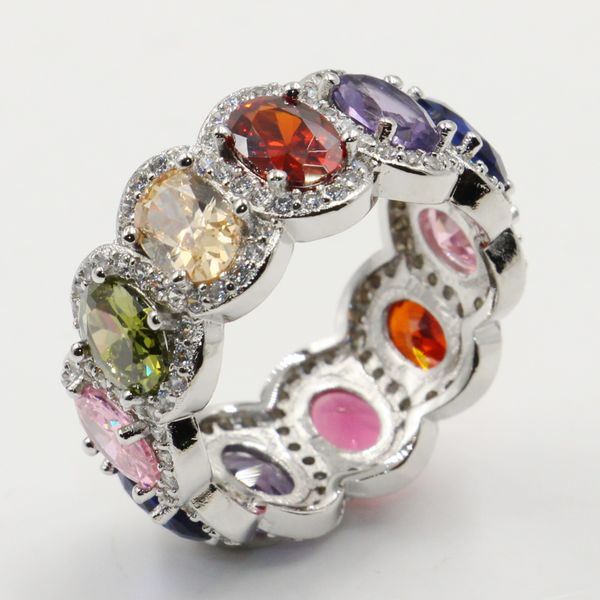Tamanho 5-10 Jóias de luxo Real 925 Sterling Silver Multi Topázio CZ Diamond Gemstones Promise Ring Wedding Engagement Band Ring for Women Gift