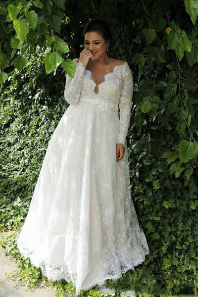 Splendidi abiti da sposa in pizzo taglie forti 2019 Illusion Country scollo a V manica lunga giardino vestido de noiva abito da sposa palla Custom317Z