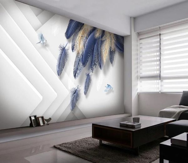 

custom 3d wallpaper mural hand painted golden blue feather three-dimensional landscape wall painting wallpapers home decor