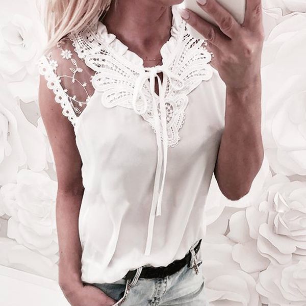 

summer fashion 2019 women lace blouses ladies solid causal sleeveless hollow out blouse chiffon shirt blusas mujer pink, White