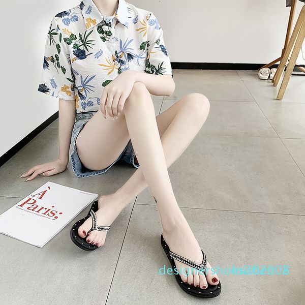 

women summer flat shoes black white beach flip flops 2020 fashion rivet rhinestone slippers lady slides shoes chaussures femme d08