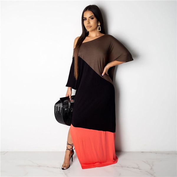 

womens summer designer dresses color panelled one shoulder half sleeve female clothing fashion style casual apparel, Black;gray