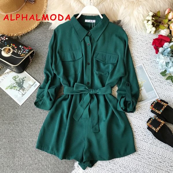 

alphalmoda 2019 autumn women single breasted long-sleeved playsuit flip pocket high waist sashes ladies casual solid rompers, Black;white