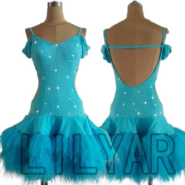 

latin dance dress competition dress costumes skirt performing dresses rhinestones customize children blue feather slim fit, Black;red