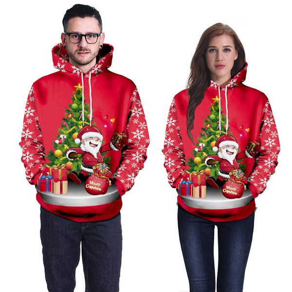 

mens new red christmas hoodies 3d santa claus trees printed hoodie hip hop pullover sweatshirt homme, Black