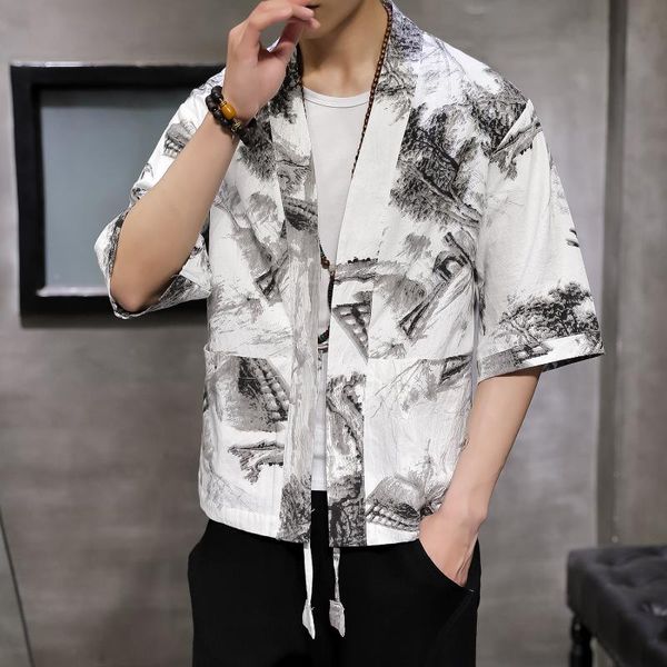 

summer thin jacket men newspaper print mantle coat belt half sleeve loose robe male fancy streetwear hip hop casual jacket man, Black;brown