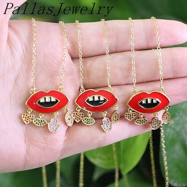 

10pcs 2019 fashion style colorful cz eye/ heart /lip /hand tassel drop enamel lip pendant necklace, Silver